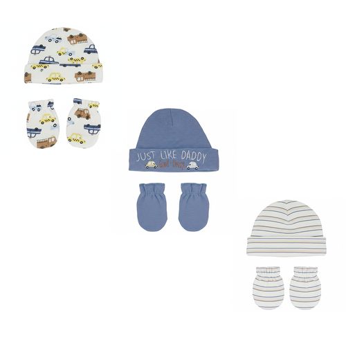 Set de 3 gorros y 3 guantes estampados para bebé niño