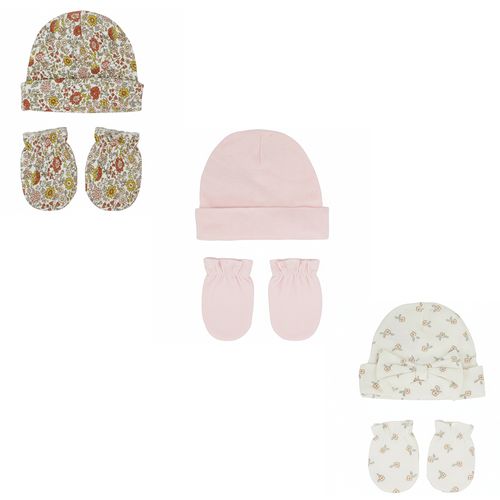 Set de 3 gorros y 3 guantes estampados para bebé niña