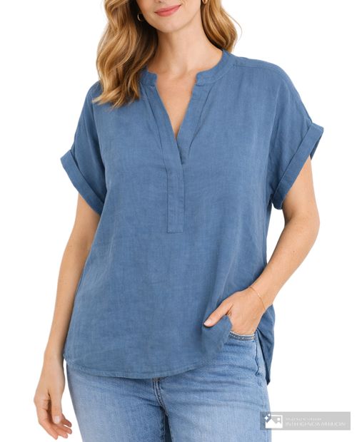 Blusa Nicolle túnica azul manga corta para mujer