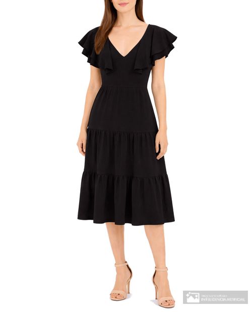 Vestido Sabrina midi negro manga corta para mujer