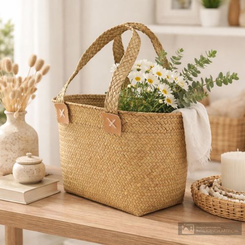 Cesta decorativa de fibra natural con asa 22x32 cm