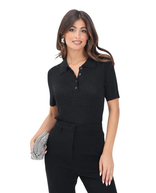 Blusa JDY tipo polo negra con textura manga corta para mujer