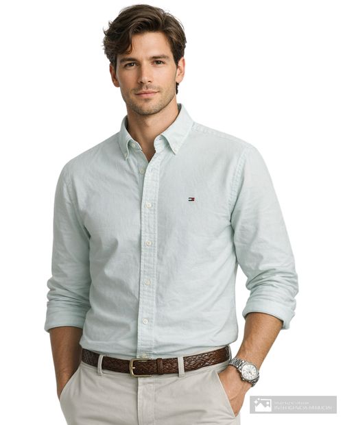 Camisa casual Tommy Hilfiger verde menta sólida para hombre