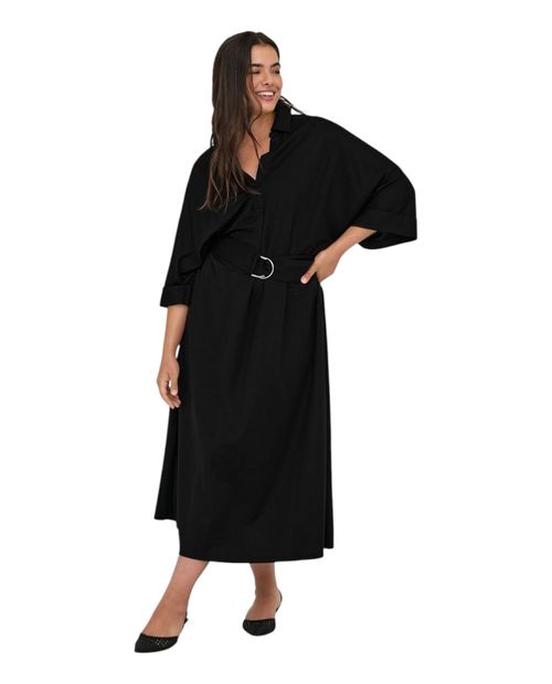 Vestido Only Carmakoma shirt dress negro sólido manga 3/4 para mujer