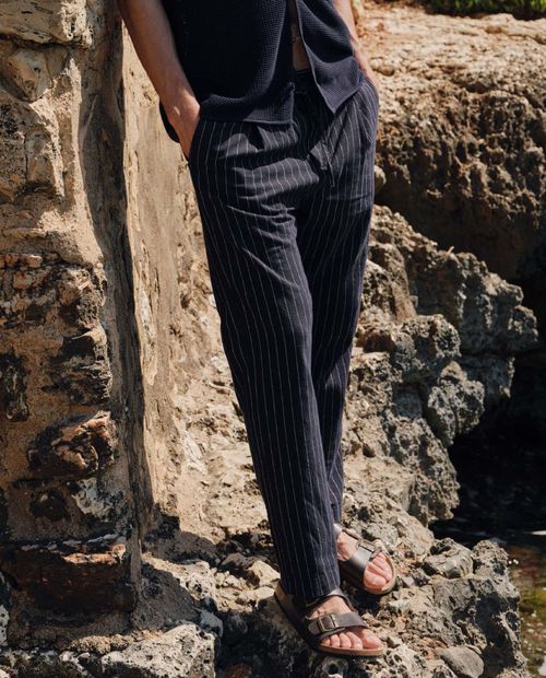 Pantalón de lino Sfera azul navy rayado para hombre
