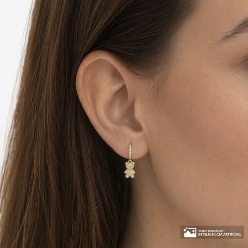 Aretes de osito de plata en baño de oro con zirconia para mujer