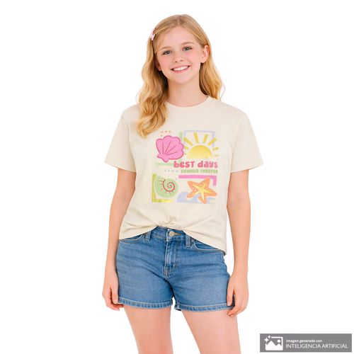 Camiseta beige con estampado marino para niña