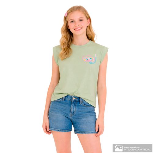 Camiseta verde con estampado marino para niña