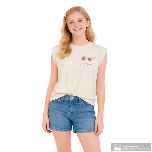 Camiseta beige con estampado de verano para niña