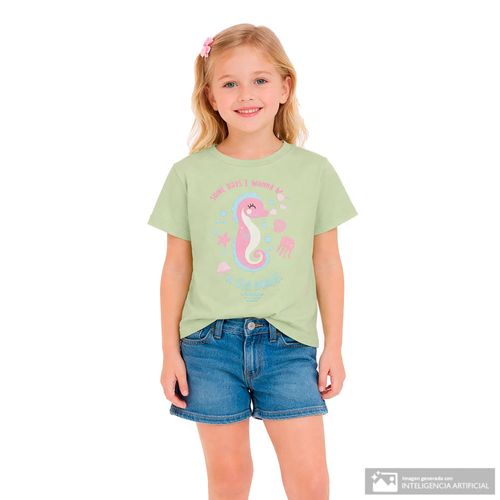 Camiseta verde con estampado caballo de mar para niña