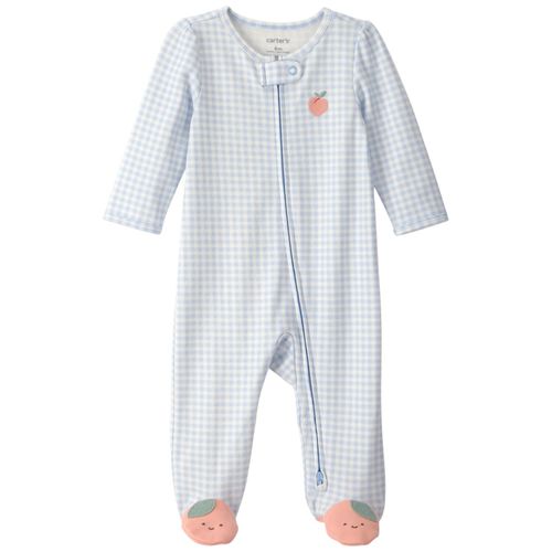 Pijama celeste cuadriculada con estampado de melocoton para bebe niña