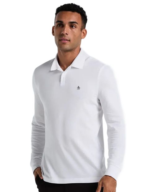 Camisa polo manga larga Penguin regular fit blanca sólida para hombre