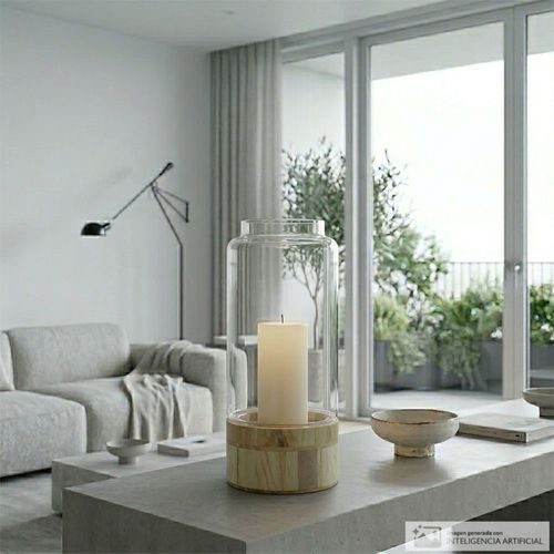 Portavela decorativo de vidrio con base de madera 14x42 cm