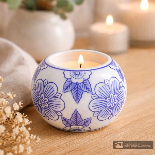 Portavela de cerámica con diseño floral 8x7 cm