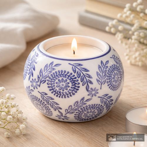 Portavela de cerámica con diseño floral 8x7 cm