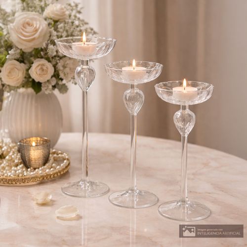 Set de portavelas de vidrio con base circular 24 cm/21 cm/18 cm