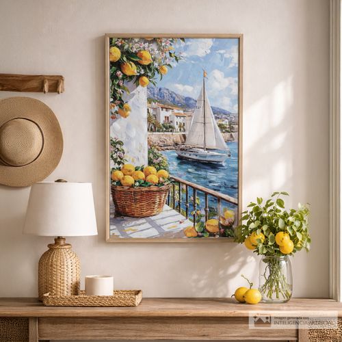 Cuadro decorativo escena costera mediterránea con limones 50x80 cm