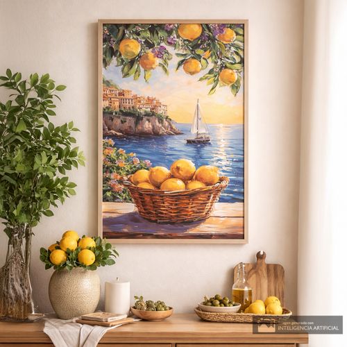 Cuadro decorativo atardecer mediterráneo con limones 50x80 cm