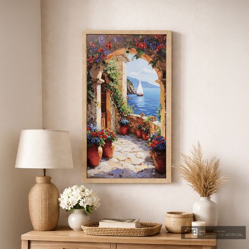 Cuadro decorativo arco mediterráneo con vista al mar 40x70 cm