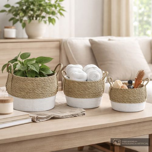 Set de cestas decorativas con asas 35x25cm/30x21cm/25x29cm