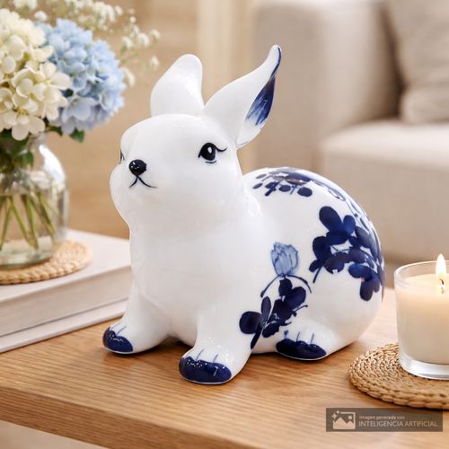 Conejo decorativo de cerámica con diseño floral 15x16 cm