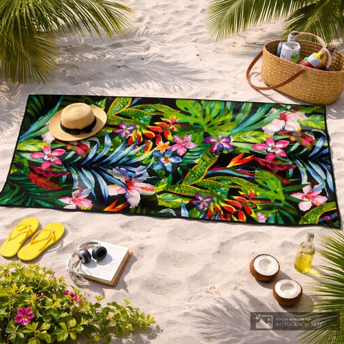 Toalla de algodón estampada flores y hojas trópicales Hilasal