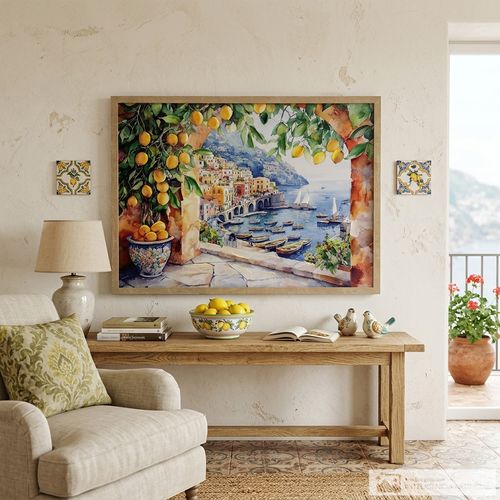 Cuadro decorativo vista mediterránea con limones 60x80 cm