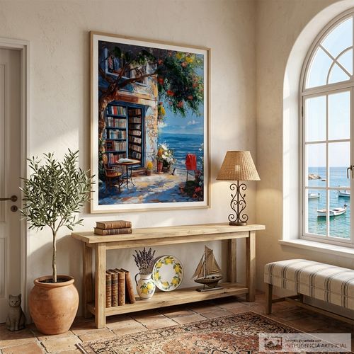 Cuadro decorativo librería frente al mar 60x80 cm