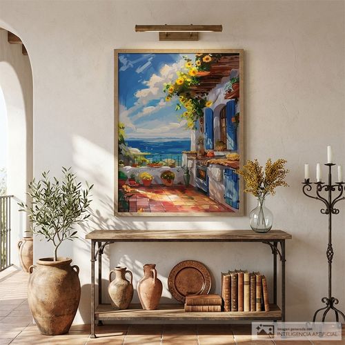 Cuadro decorativo terraza mediterránea con vista al mar 60x80 cm