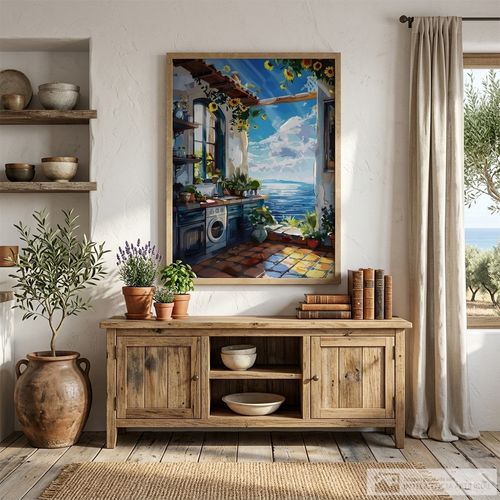 Cocina decorativo mediterránea con vista al mar 60x80 cm
