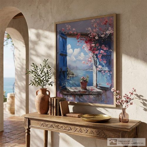 Cuadro decorativo ventana con paisaje costero 70x90 cm