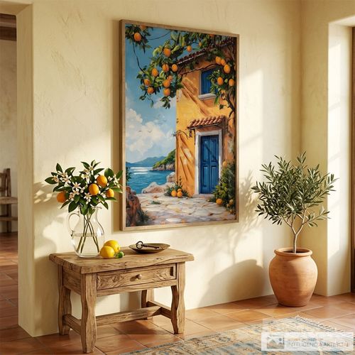 Cuadro decorativo casa mediterránea con limones 80x120 cm