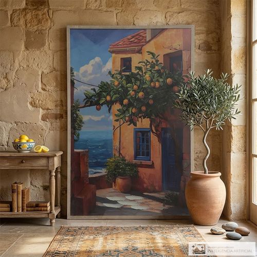 Cuadro decorativo casa mediterránea con limones 80x120 cm