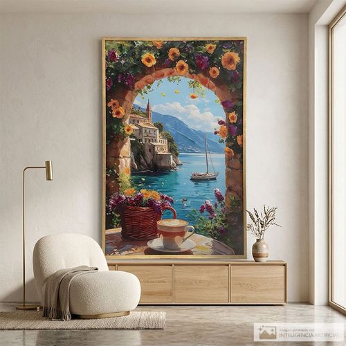 Cuadro decorativo mesa con vista al mediterráneo 90x160 cm