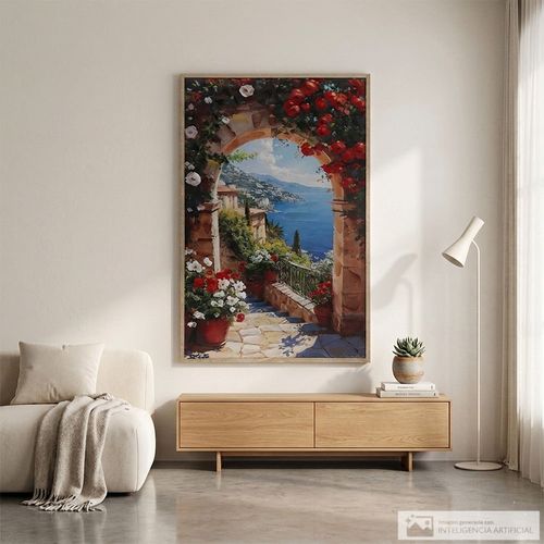 Cuadro decorativo arco con flores y vista al mediterráneo 90x140 cm