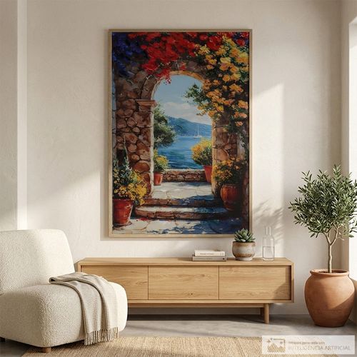 Cuadro decorativo arco con flores y vista al mediterráneo 90x140 cm