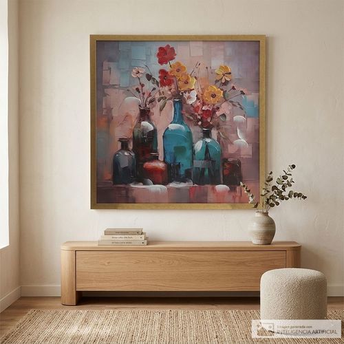 Cuadro decorativo abstracto botellas y flores 60x60 cm