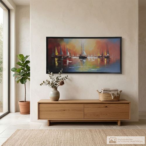 Cuadro decorativo abstracto atardecer con veleros 50x100 cm
