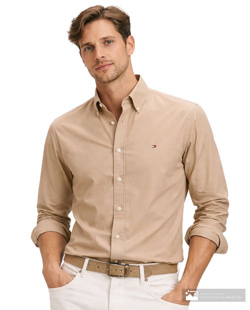 Camisa casual Tommy Hilfiger slim fit khaki sólida para hombre
