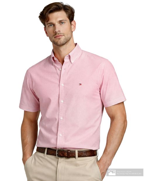 Camisa casual Tommy Hilfiger regular fit rosada heather para hombre