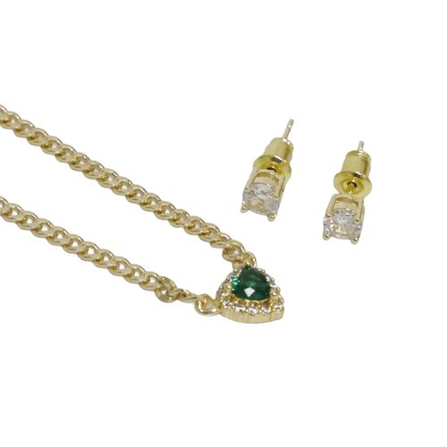 Collar de corazón con zirconia y aretes de brass en baño de oro para mujer