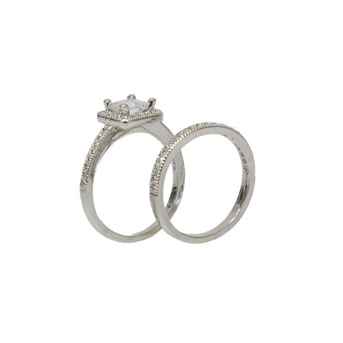 Set de anillos de compromiso y alianza de diamantes chapado en oro blanco de 18 k para mujer