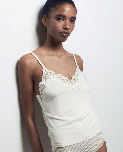 Camiseta de pijama Sfera beige de encaje para mujer