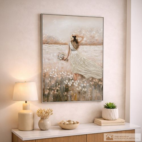 Cuadro decorativo mujer en campo floral 82x102 cm