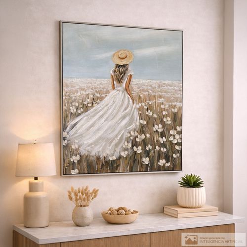 Cuadro decorativo mujer en campo floral 102x82 cm
