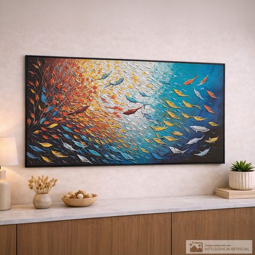 Cuadro decorativo abstracto peces multicolor 120x60 cm