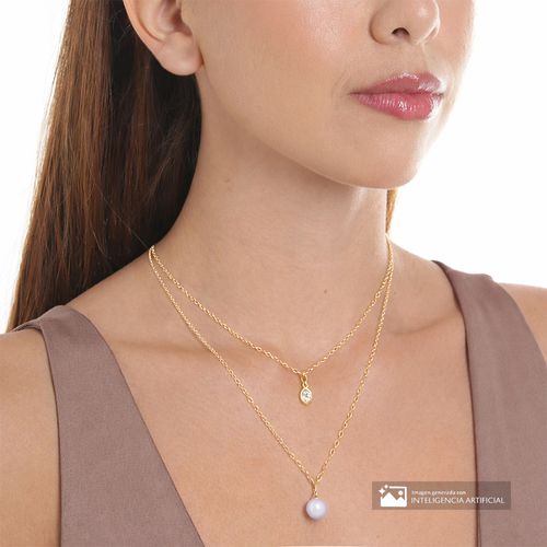 Cadena doble con dije de plata en baño de oro para mujer