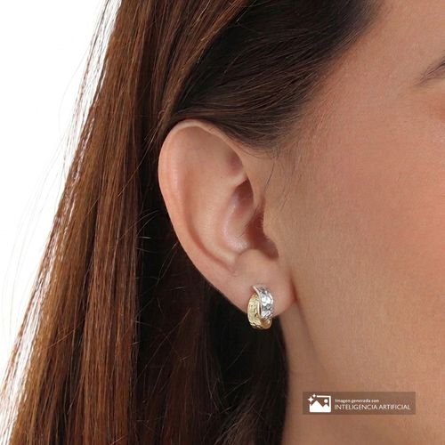 Aretes cortos de aro intercalado plata y baño de oro para mujer