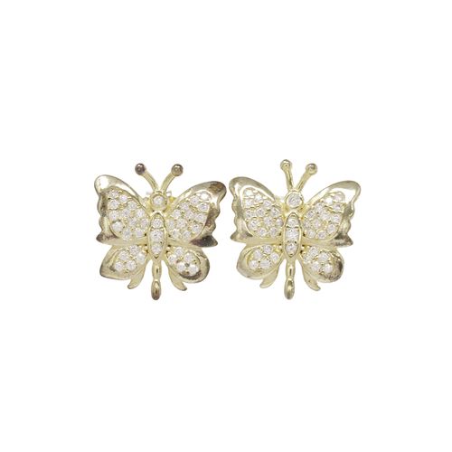 Aretes cortos en forma de mariposa con zirconia de plata en baño de oro para mujer
