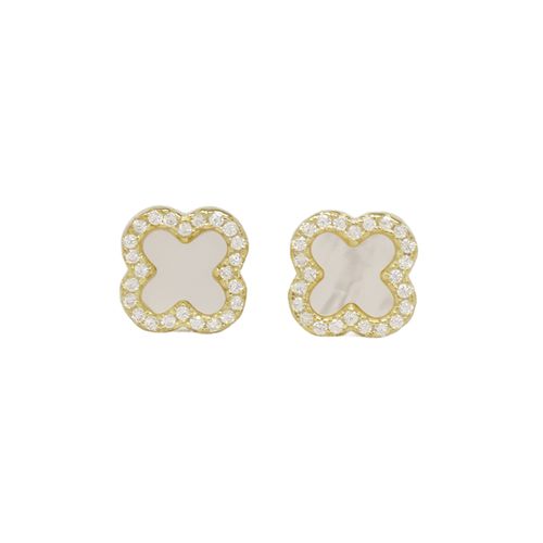 Aretes cortos en forma de trébol blanco con zirconia de plata en baño de oro para mujer